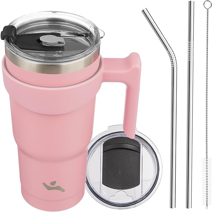 20 oz Tumbler with Handle and 2 Straw 2 Lid, Insulated Water Bottle Stainless Steel Vacuum Cup Reusable Travel Mug, Light Pink
