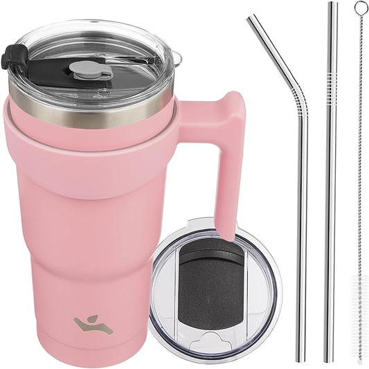 20 oz Tumbler with Handle and 2 Straw 2 Lid, Insulated Water Bottle Stainless Steel Vacuum Cup Reusable Travel Mug, Light Pink