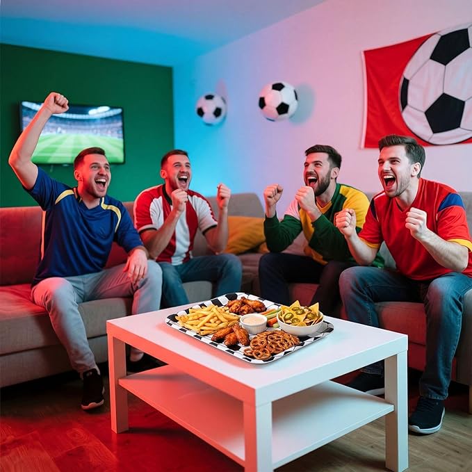 Vesici 4 Pack Soccer Melamine Serving Trays, 13 x 10 in Rectangular Serving Platters with Goal Field & Ball Pattern, Reusable Snack Appetizer Dessert Trays for Game Day Parties, Easy Clean