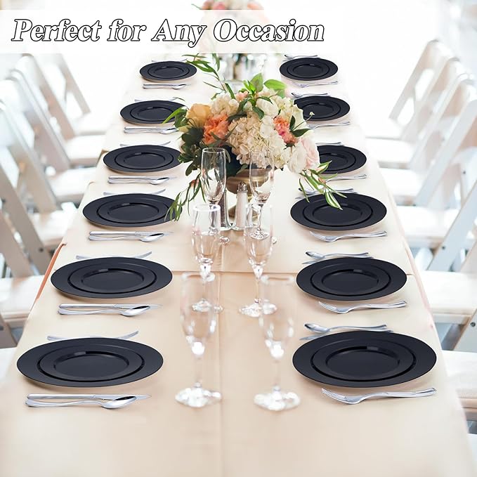 BESTSTAR 200PCS Black Plastic Plates Set, 100 10.25 inch Dinner Plates and 100 7.5 inch Dessert Plates, Premium Disposable Plates for Party, Wedding