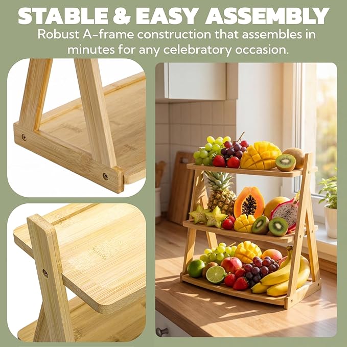 3 Tier Bamboo Serving Tray, Rectangle Serving Platters Tiered Tray Stand, Fruit Cupcake Display Stand Farmhouse Decorative Trays for Appetizers, Snacks, Dessert, Party, Birthday, Wedding