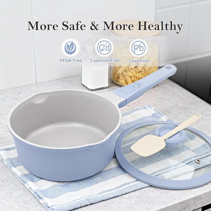 Small Sauce Pan with Lid, 1.5 Qt Ceramic Saucepan with Lid, Non Stick Sauce Pan, Milk Pot & Sauce Pot & Saucepan with Pour Spout, Detachable Handle Milk Pan, Induction Compatible, Oven Safe