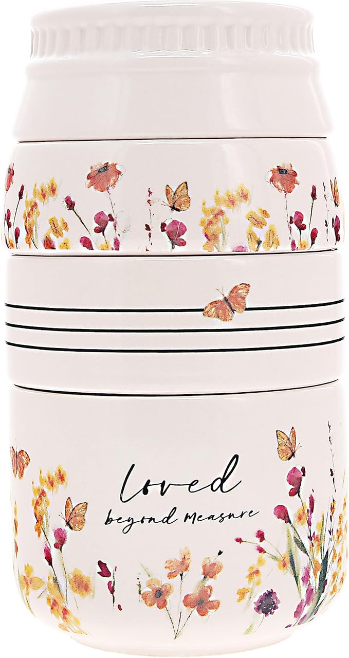 Pavilion Gift Company - Loved Beyond Measure - 6-inch Stackable Ceramic Kitchen Measuring Cup - ¼, ⅓, ½, 1 Cup, Rustic, Antique, Farmhouse Design For Kitchen, Mason Jar Measuring Cup, 1 Count, Cream
