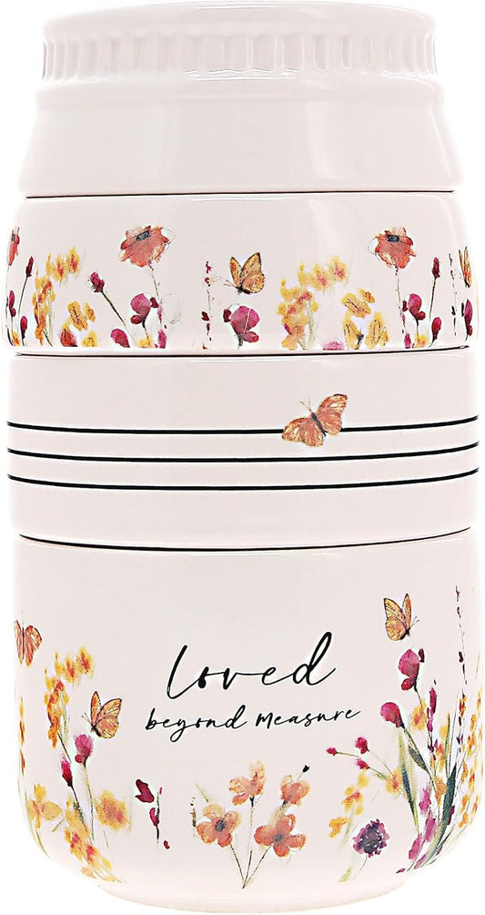 Pavilion Gift Company - Loved Beyond Measure - 6-inch Stackable Ceramic Kitchen Measuring Cup - ¼, ⅓, ½, 1 Cup, Rustic, Antique, Farmhouse Design For Kitchen, Mason Jar Measuring Cup, 1 Count, Cream