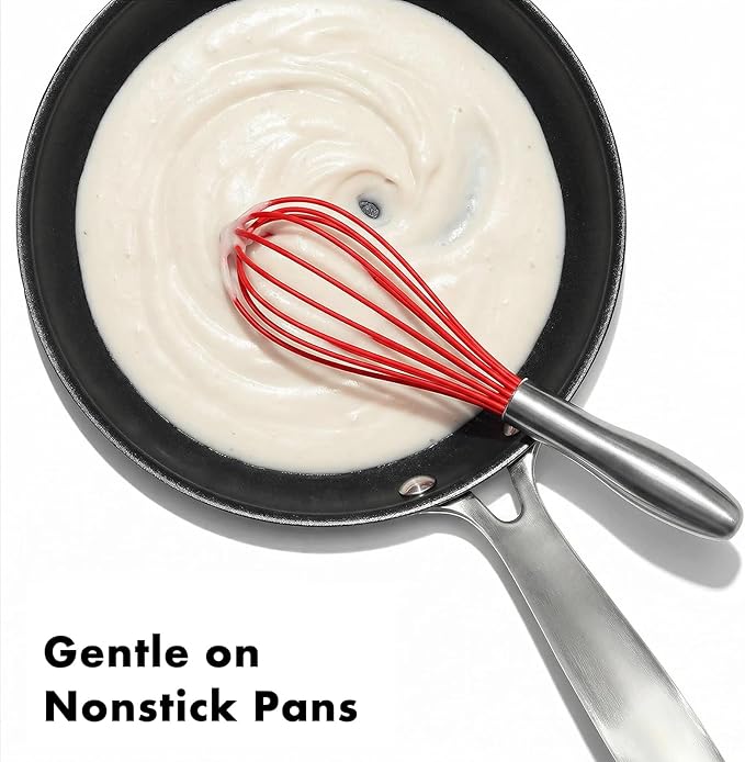 10-Inch Red Silicone Whisk, Heat Resistant 480°F Kitchen Whisk with Stainless Steel Ergonomic Handle, Non-Scratch for Nonstick Cookware, Dishwasher Safe, Perfect for Blending, Cooking & Beating