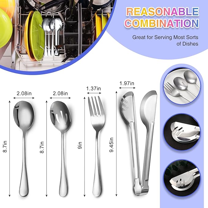 Patelai 15 Pcs Silver Stainless Steel Serving Utensils Set 8.7" Large Spoons and Slotted Spoon 9.45" Tong 9" Forks Flatware Wedding Valentine Day Holiday Party Buffet Banquet Cooking Kitchen Catering