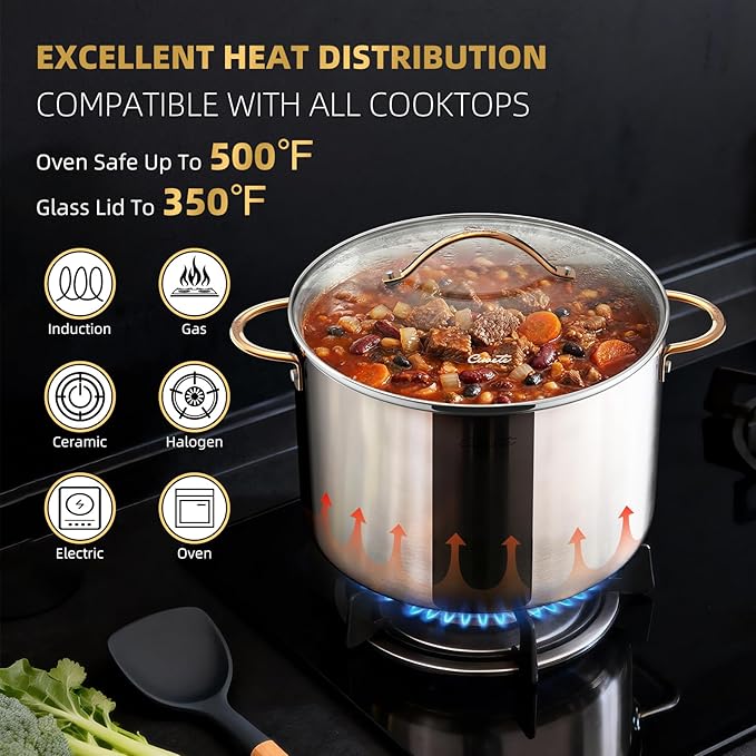 12 Quart Stock Pot with Lid, Upgraded Tri-Ply Stainless Steel Pot, Seamless Large Cooking Pot with Stay-Cool Brass Handle, Healthy Polished Stockpots, Induction Cookware, Oven & Dishwasher Safe