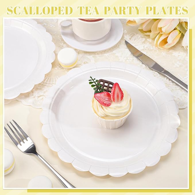 30 Pcs Dessert Plates Disposable, 7 Inch Scalloped White Plates Small Cake Birthday Plate for Wedding, Birthday, Bridal Shower