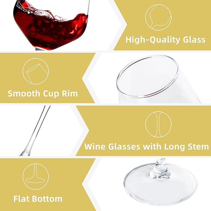 Wine Glasses Set of 6, 12oz Clear Red/White Wine Glasses, Long Stem Glasses for Party, Wedding and Home