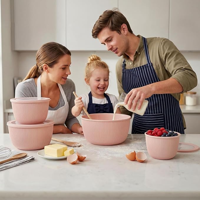 BoxedHome Mixing Bowls with Lids Set, 4 Packs BPA-Free Plastic Prep Bowls for Kitchen, Dishwasher & Microwave Safe, Pink