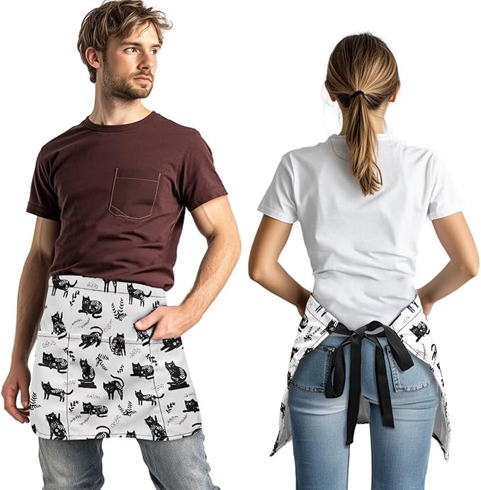Server Waitress Waist Apron with 3 Pockets, Short Aprons for Servers,Waiter Apron For Waiter Accessories