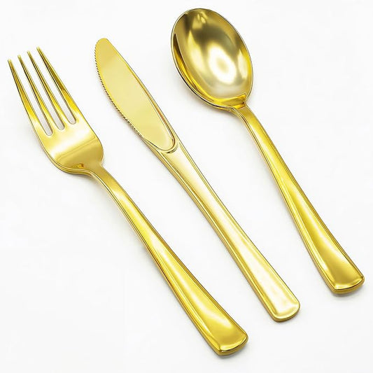 306 Pack Gold Plastic Silverware - Heavy Duty Gold Silverware Set - 102 Forks, 102 Knives, 102 Spoons Plastic Cutlery Disposable for Holidays, Parties, Dinners, Weddings Gathering, Daily Use