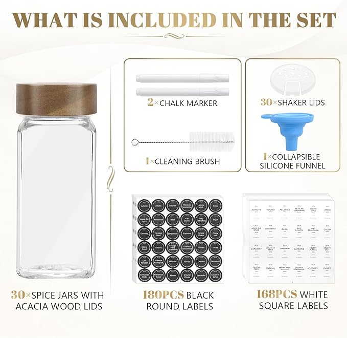 ZEHIQ 30Pcs Glass Spice Jars with Acacia Wood Lids, 4 oz Square Seasoning Containers with Labels, Seasoning Jars with Shaker Lids, Chalk Pen, Funnel, Cleaning Brush, Spice Bottles for Cabinet, Drawer