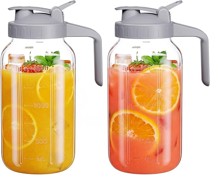 Glass Mason Jar Pitcher, 64 oz Wide Mouth Jug with Pour Spout Handle Lid for Cold Brew Coffee, Ice Beverage, Iced Juice, Lemonade, Sun Tea, Fruit Drinks Container(2Pack Gray)