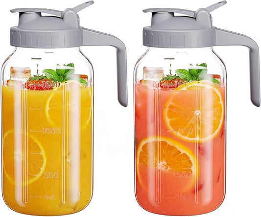Glass Mason Jar Pitcher, 64 oz Wide Mouth Jug with Pour Spout Handle Lid for Cold Brew Coffee, Ice Beverage, Iced Juice, Lemonade, Sun Tea, Fruit Drinks Container(2Pack Gray)