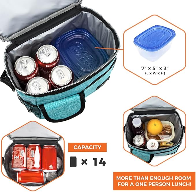 opux Insulated Lunch Bag for Men Women, Leakproof Sea Blue Lunch Box for Work, Portable Soft Lunch Cooler Bag with Shoulder Strap, Adult Lunchbox Lunch Pail for Kid Boy Girl School, 14 Can/8L