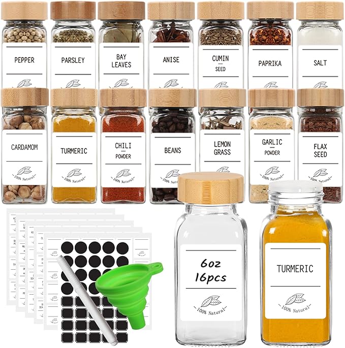 Keketin 16 Pack 6 oz Glass Spice Jars with Bamboo Lids and Spice Labels,Empty Square Seasoning Bottles,180ml Glass Spice Container with Shaker Lids and Funnel