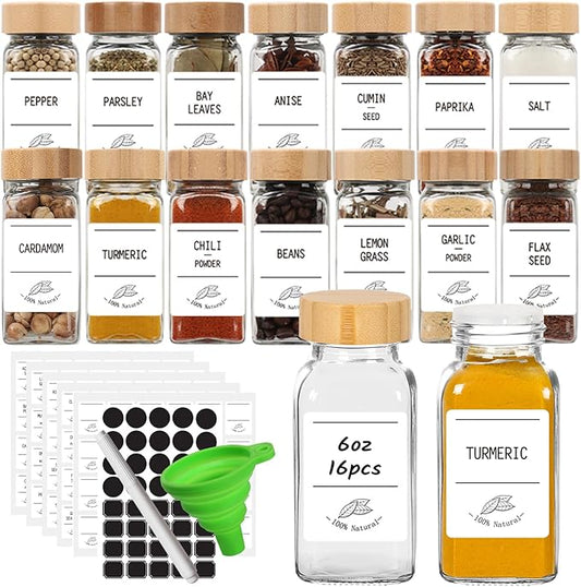 Keketin 16 Pack 6 oz Glass Spice Jars with Bamboo Lids and Spice Labels,Empty Square Seasoning Bottles,180ml Glass Spice Container with Shaker Lids and Funnel