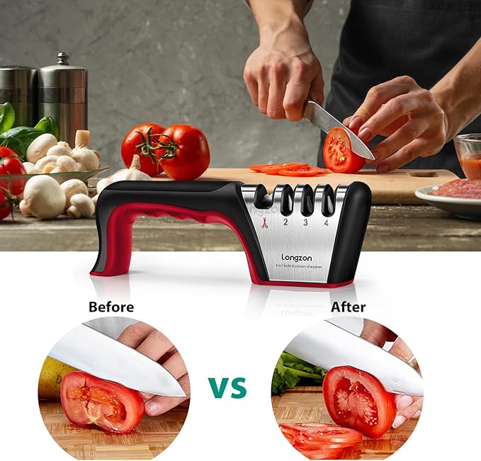 Longzon 4-in-1 Knife Sharpener [4 Stage] with a Pair of Cut-Resistant Glove, Original Premium Polish Blades, Best Kitchen Knife Sharpener Really Works for Fruit and Steel Knives, Scissors-Black+Red