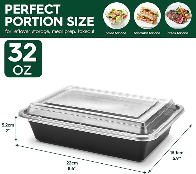 Glotoch Meal Prep Containers with Lids, Plastic food storage containers Reusable, 1-compartment BPA-free, Bento boxes for portion control & takeout, Microwave/freezer/dishwasher safe (50 pack, 32 oz)