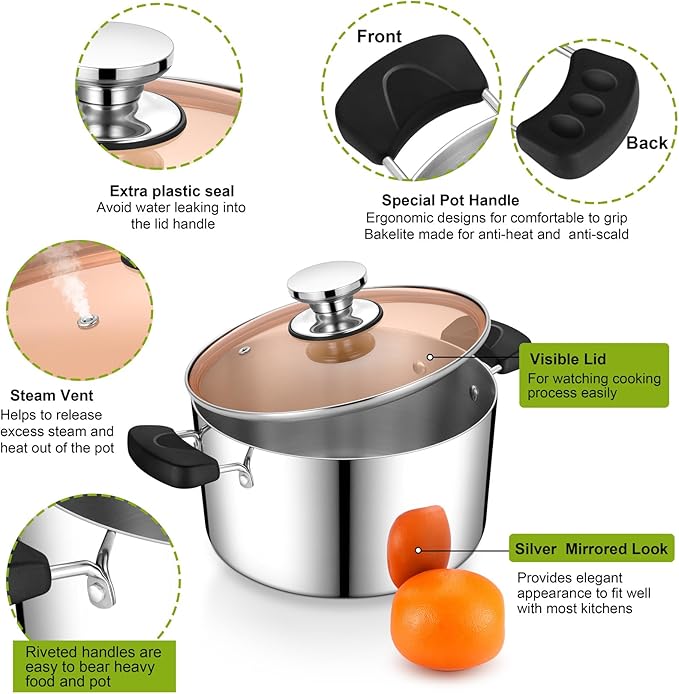 5 Quart 3-Ply Cooking Stock Pot with Lid, P&P CHEF Stainless Steel Large Pot for Pasta Soup, Work on Multi Stove, Heavy Duty & Dishwasher Safe, Dual Heat-resistant Handles & Brown Glass Lid