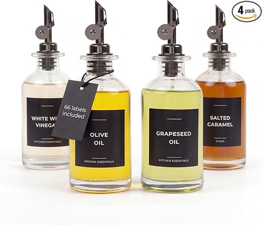 Oil Dispenser for Kitchen - Glass Olive Oil Bottle Set of 4 (11.8oz) with Black Weighted Self-Closing Pourer - Cooking Oil Dispenser with 66 Labels, Aligner & Funnel
