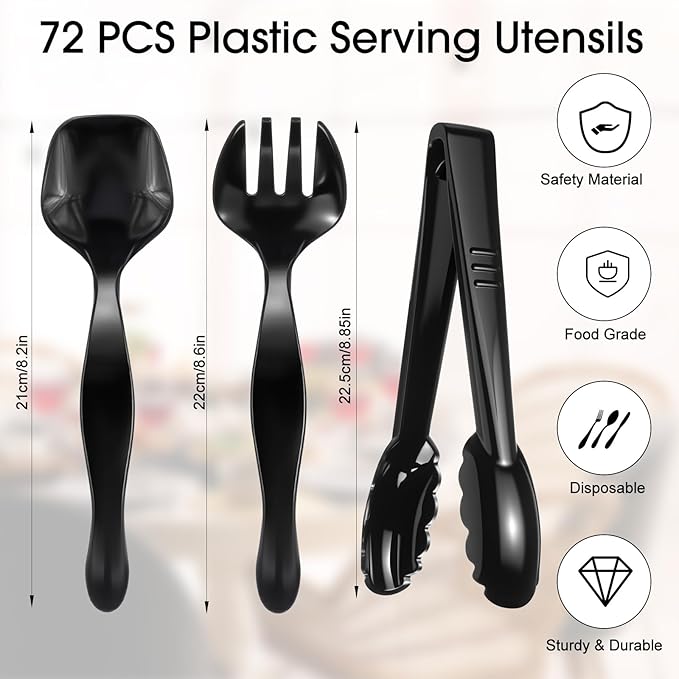 Patelai 72 Pcs Disposable Plastic Serving Utensils Set Including Black Disposable Serving Spoons Forks and Tongs Plastic Buffet Ware Supplies for Party Catering Restaurant Picnic Dinner