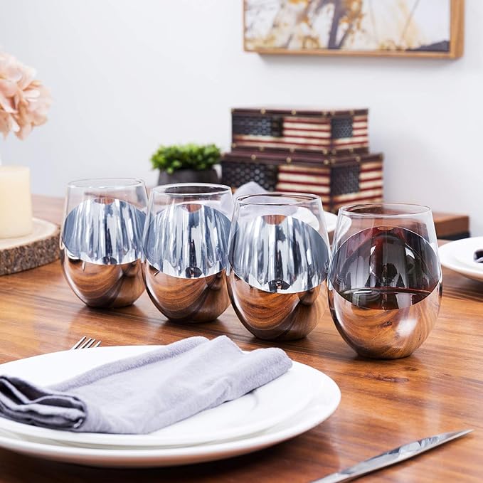 MyGift Premium Silver Stemless Wine Glasses Gift Set of 4 Modern Metallic Barware with Elegant Accents, Perfect Wedding & Anniversary Present - Dishwasher Safe & Shatter Resistant