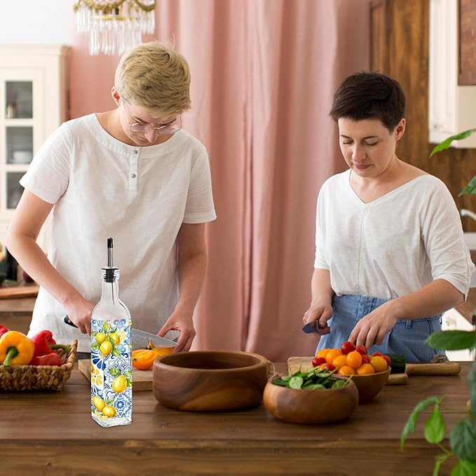 JarThenaAMCS Capri Lemon Olive Oil Dispenser Bottle Glass Cruet Bottle with Spout Vintage Lemon Blue Tile Cooking Vinegar Container for Summer Home Kitchen Table Countertop Decor