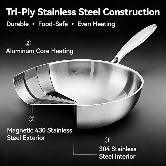 WANGYUANJI 12" Stainless Steel Wok Pan with Lid for 3-4 Servings, 4.2 QT Tri-Ply Flat Bottom Stir Fry Pan for Asian Cuisine, 18/10 (304) Induction Wok, Oven Safe