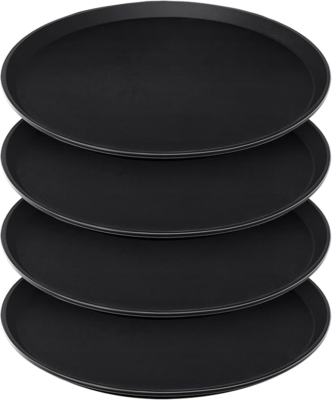 4 Pcs 16 Inch Restaurant Serving Trays, Black Plastic Non Slip Round Tray, Large Food Crawfish Server Tray for Home, Restaurant, Kitchen, Cafeteria, Bar, Hotel(Black)