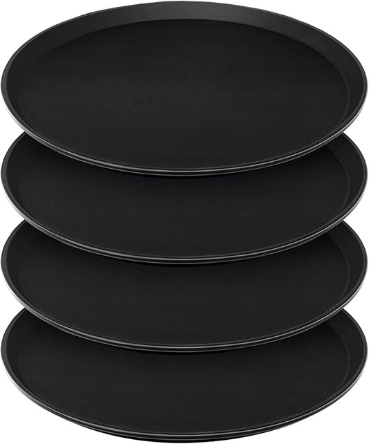 4 Pcs 16 Inch Restaurant Serving Trays, Black Plastic Non Slip Round Tray, Large Food Crawfish Server Tray for Home, Restaurant, Kitchen, Cafeteria, Bar, Hotel(Black)