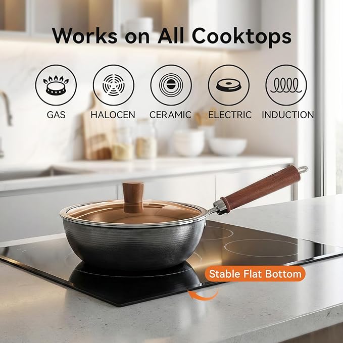 WANGYUANJI Small Carbon Steel Wok with Glass Lid (10.24"), 10 Inch Compact Stir Fry Pan for One Person, Thickened Deep Iron Skillet for Induction & Electric Stove, Flat Bottom Nitrided Wok, Black