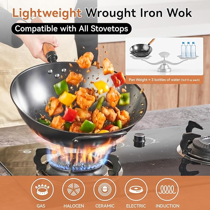 12.6 Inch Carbon Steel Wok with Lid, Flat Bottom Induction Wok Pan, Non-Coated Stir Fry Wok Skillet with Helper Handle, Gas Electric Ceramic Halogen Compatible, Includes Iron Wok Spatula