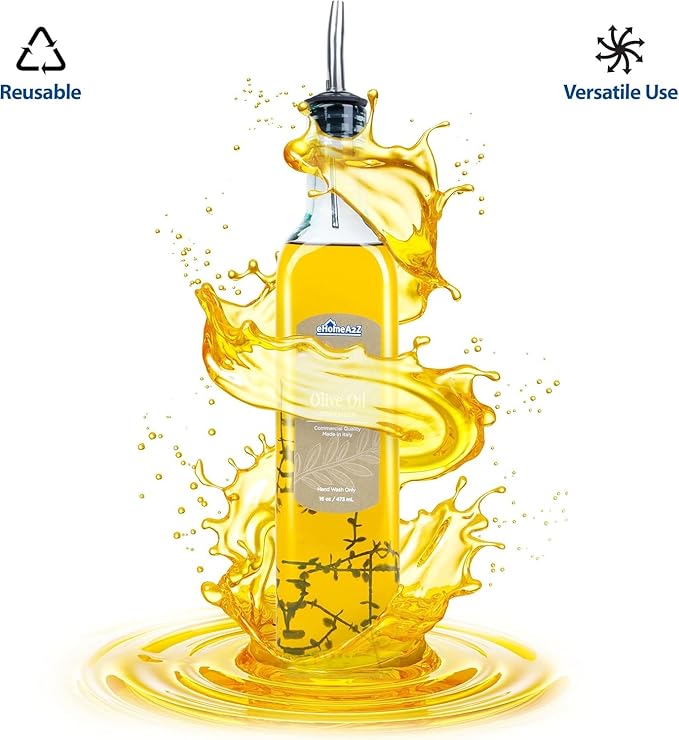 EHOMEA2Z Italian Glass Olive Oil Dispenser Bottle - 16 Oz, Oil and Vinegar Cruet with Stainless Steel Spout for Kitchen, Slight Green Tint (2, 473ml)