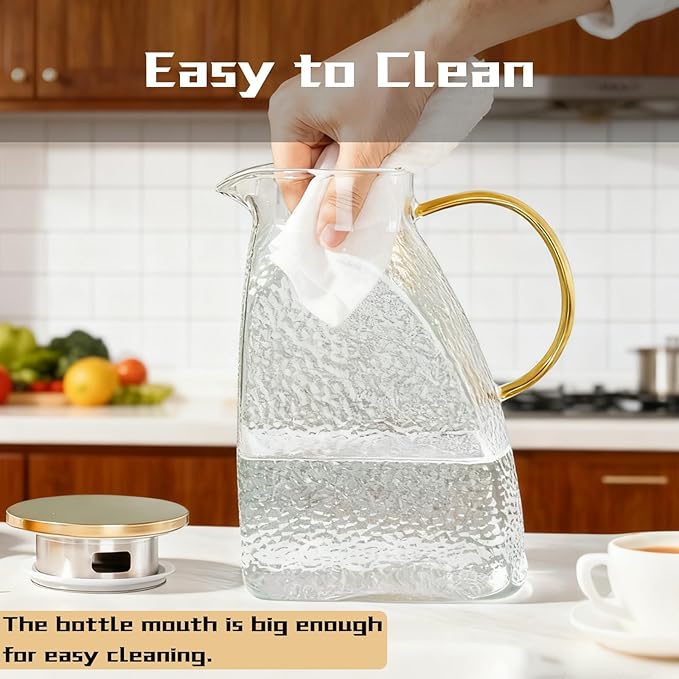 Glass Pitcher with Lid and Spout, 1.8 L/60 oz Clear Fridge Door Jug, Borosilicate Glass Bottle with Handle and Stainless Steel Lid, Hot & Cold Beverage Pitcher for Iced Tea, Coffee, Juice, Milk