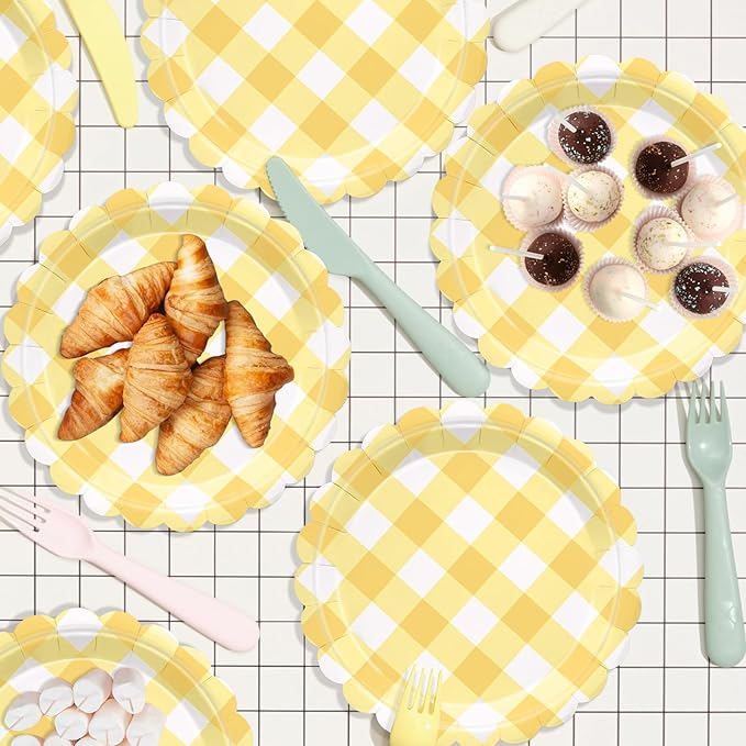 48 Pcs 7" Yellow Gingham Paper Plates Light Yellow & White Scalloped Checkered Party Plates, Pastel Plaid Dessert Table Supplies for BBQ Gathering Picnic Baby Shower Birthday Dinner Party Tableware