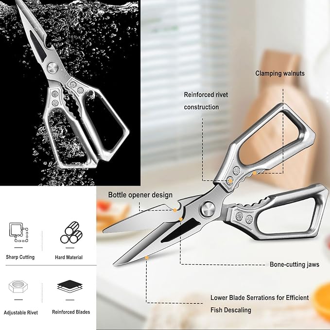 Heavy Duty Kitchen Scissors - 3.0mm Thickened Professional Stainless Steel Blades, All-Purpose Dishwasher Safe Meat & Poultry Shears for Cutting Chicken Bones, Food Prep