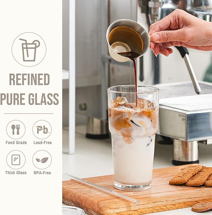 20oz Glass Tumbler with Lid and Glass Straw –Set of 2, Clear Reusable Iced Coffee Cup, Drinking Glass for Coffee, Tea, Juice, Smoothies – Durable & Elegant Glassware