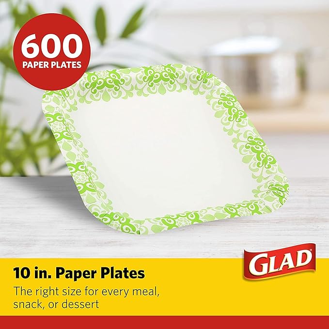 Glad Square Heavy Duty Paper Plates, Soak Proof and Cut Proof Disposable Plates for Parties and Everyday Meals, Microwaveable for Easy Serving, Green Victorian Pattern, 10 Inch, 100 Count - 6 Pack