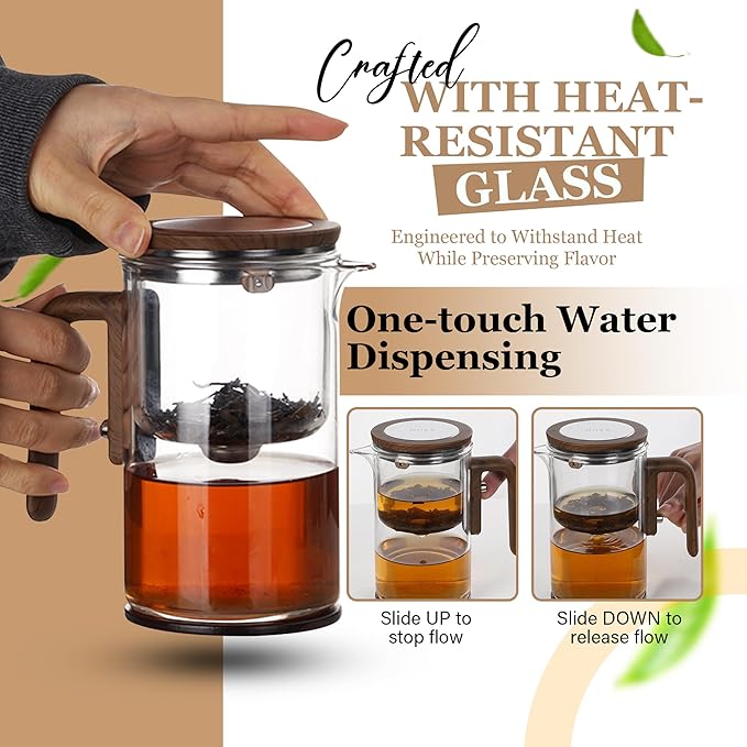 MIIKA Magic Glass Tea Pot with Infuser for Loose Tea – Bottom Dispense Stainless Steel Strainer, Borosilicate Glass, Elegant Tea Scoop, Protective Base and Drip-Free, Easy-to-Clean Design