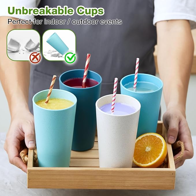 Wheat Straw Cups Set of 8, 20 oz Unbreakable Drinking, Chip Resistant, Reusable Water Set, Large for Kitchen, Camping, BPA Free Cups, Dishwasher & Microwave Safe Tumbler