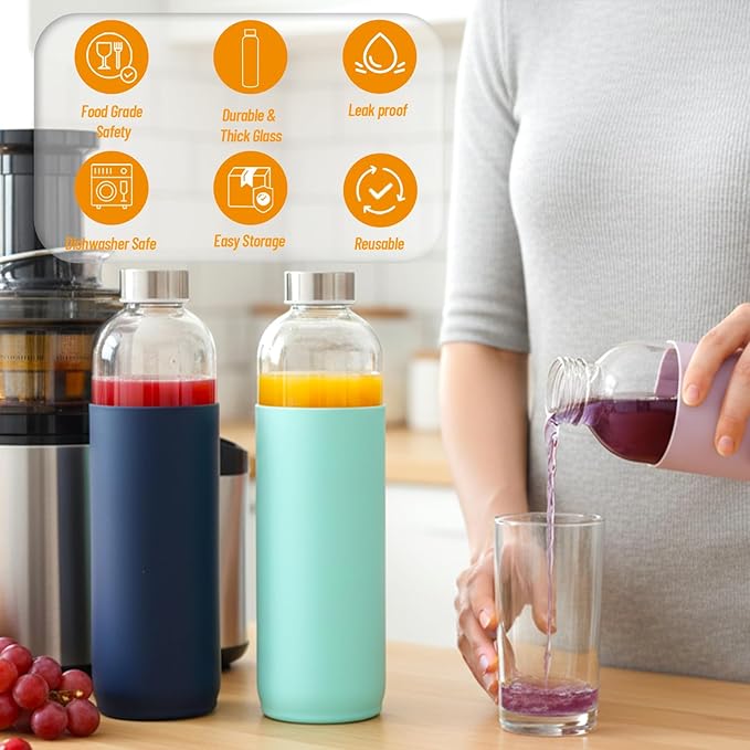 32 oz Glass Juice Bottles with Lids and Silicone Sleeve, Reusable Refillable Water Bottles for Juicing, Refrigerator,100% Leak Proof, BPA Free, Clear Glass Set of 3