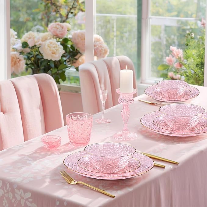 I00000 20 Pack 12 Ounce Pink Plastic Bowls Hammered Gold Rimmed Crystal Like, Heavy duty Disposable Bowl Set,Elegant Soup/Salad/Dessert/Ice Cream Small Bowls for Party Weddings