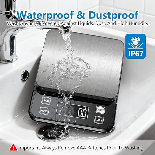 IPX7 Waterproof Food Scale | 0.01oz/0.1g Precision, 22lb/10kg Capacity | Stainless Steel, USB/Battery & Dishwasher-Safe for Cooking/Baking