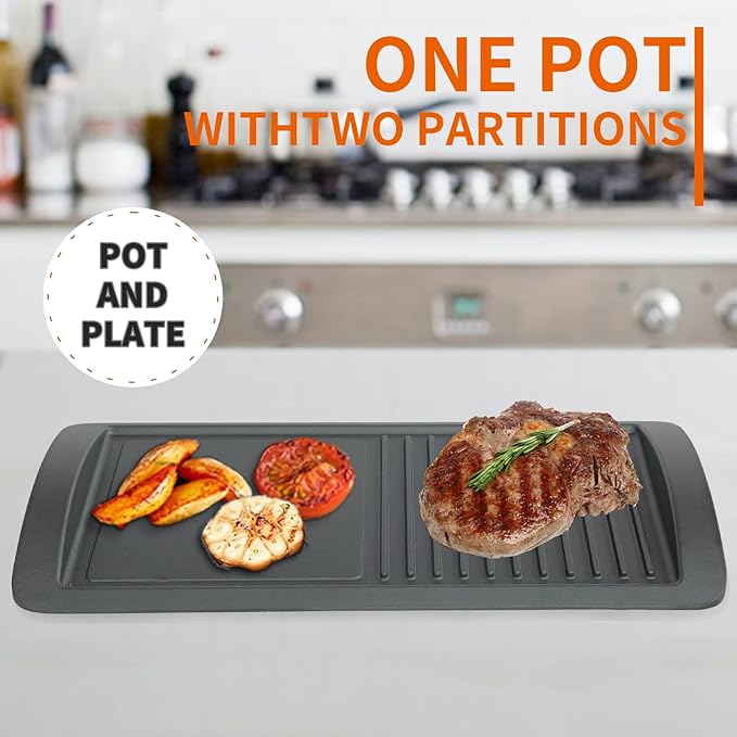 2-in-1 Cast Iron Grill Griddle Pan, Rectangular Double-Sided Cooking Pan with Dual Handles, Non-Coated & Healthy, Includes 2 Loofah Cleaning Brushes