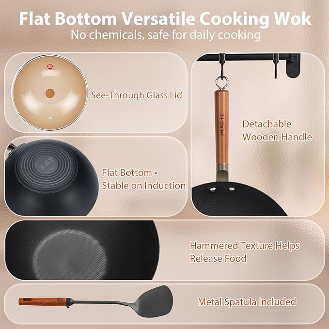 WANGYUANJI Carbon Steel Wok Pan with Lid (12.6"), Ultra-Lightweight 2.9lb Stir Fry Pan for Electric, Induction & Gas Stoves, Pre-Seasoned Flat Bottom Iron Skillet with Spatula, No Chemical Coating