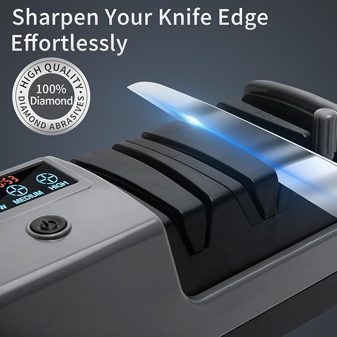 Electric Knife Sharpener for Knives, Scissors, Axes, 5-in-1 Multi-Function Sharpener with Adjustable Speed, 3-Stage Diamond Grinding, Ceramic Polishing Rod, LCD Display