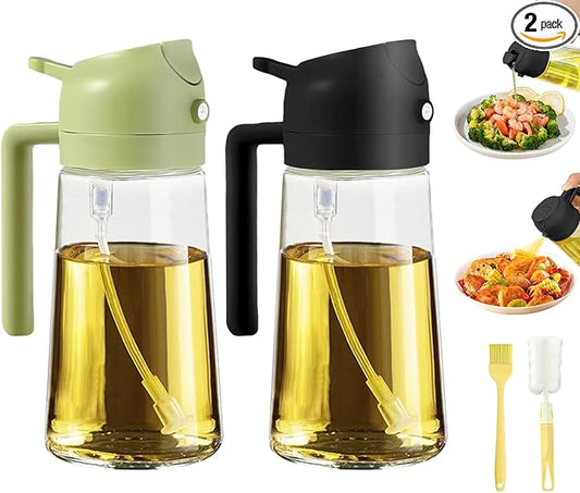 2pcs Oil Sprayer for Cooking, 16oz/470ml Oil Dispenser for Kitchen, 2 in 1 Olive Oil Dispenser Bottle for Kitchen Gadgets, Air Fryer, Salad, BBQ (Black, Green)