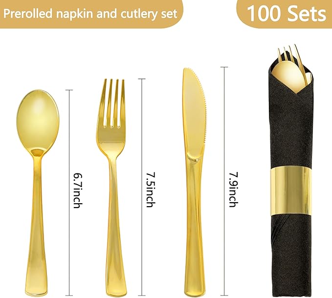 100 Pack Pre Rolled Gold Plastic Silverware Set,Wrapped Plastic Cutlery Set with Napkin Include 100 Forks,100 Spoons,100 Knives and 100 Black Napkins for Party, Wedding,Christmas